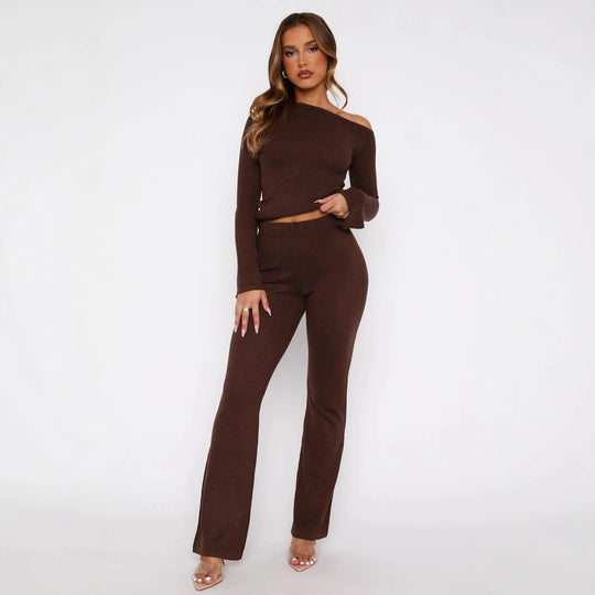 Damen Zweiteiliges Strick-Loungewear-Set mit Carmen‑Ausschnitt und weitem High‑Waist‑Hosenbein EB