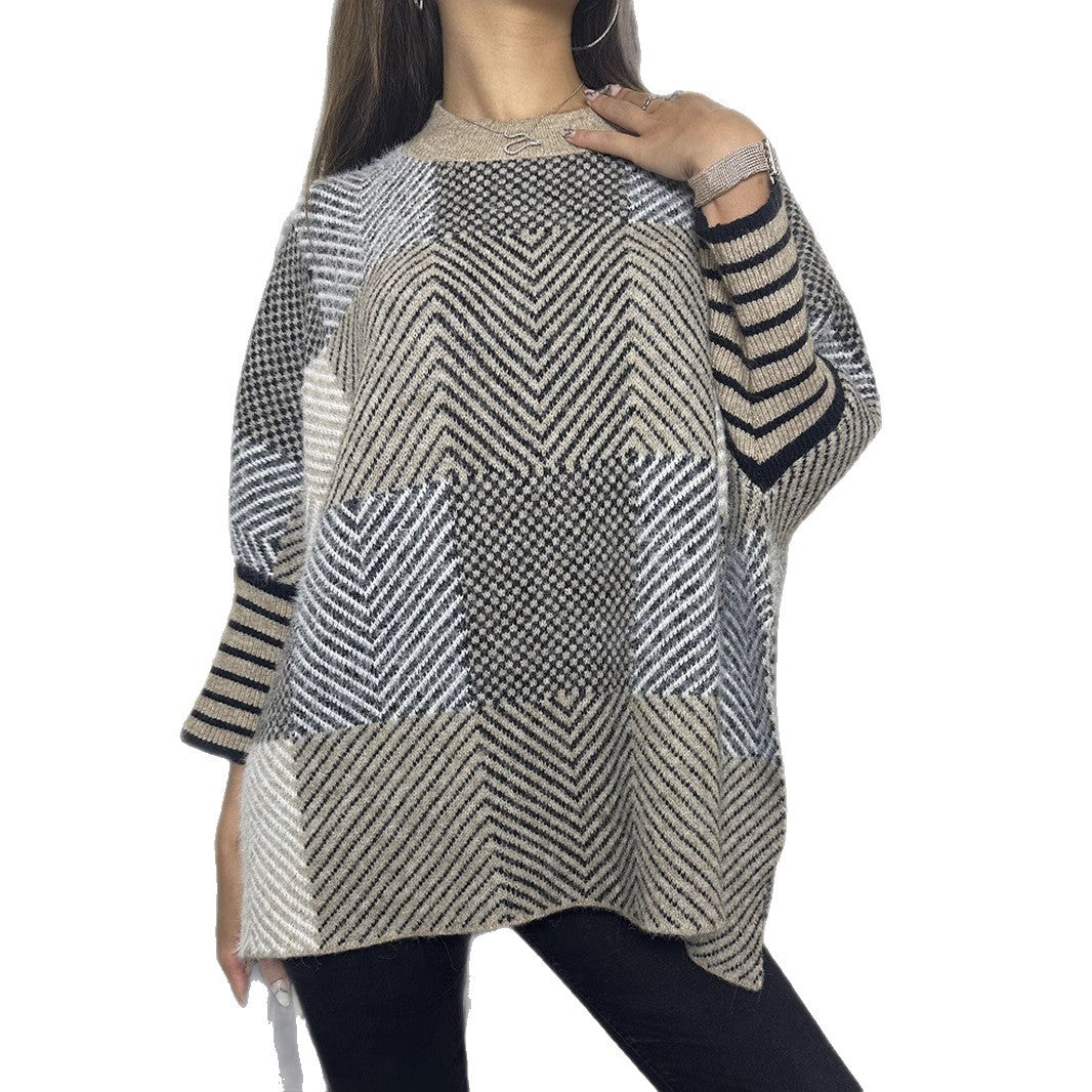 Damen asymmetrischer Strickpullover mit Zickzackmuster EB