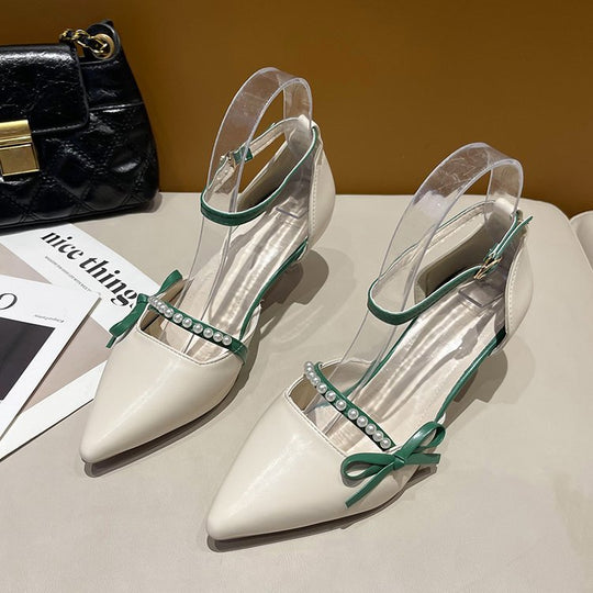 Damen elegante Pumps mit transparentem Fesselriemen und dekorativen Perlen EB