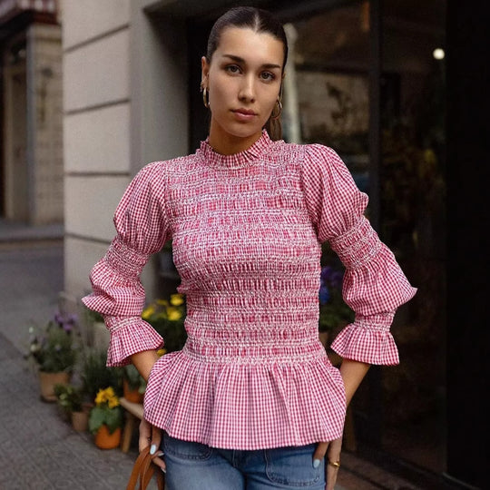 Damen Rüschenbluse mit Gingham-Muster und eleganten Puffärmeln EB