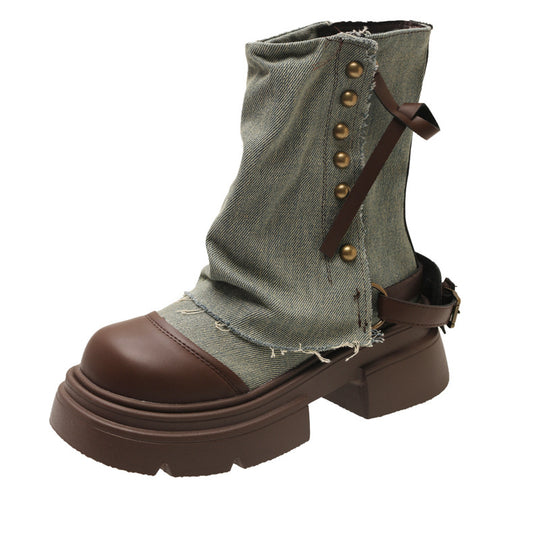 Damen Modische Chunky Stiefeletten mit dekorativem Riemen und robustem Profil EB