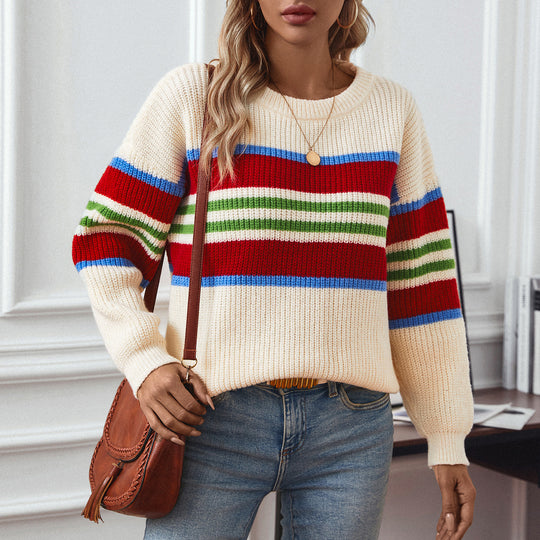 Damen lockerer Strickpullover mit buntem Blockstreifen und Rundhalsausschnitt EB