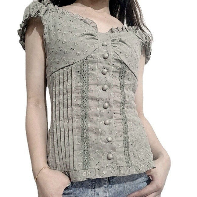 Damenbluse mit romantischem Rüschendesign und dekorativen Knopfdetails EB