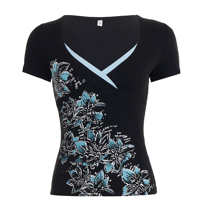 Damen figurbetontes T-Shirt mit floralem Druck und V-Ausschnitt EB