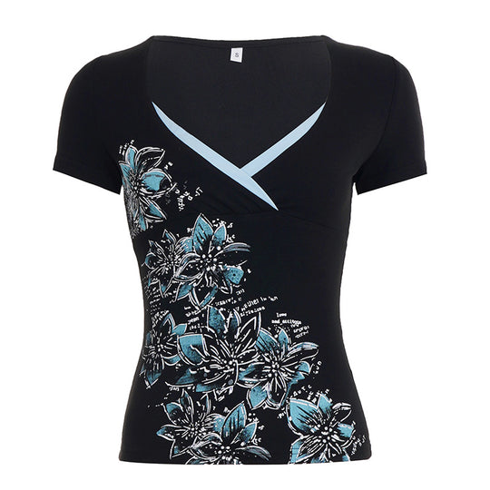 Damen figurbetontes T-Shirt mit floralem Druck und V-Ausschnitt EB