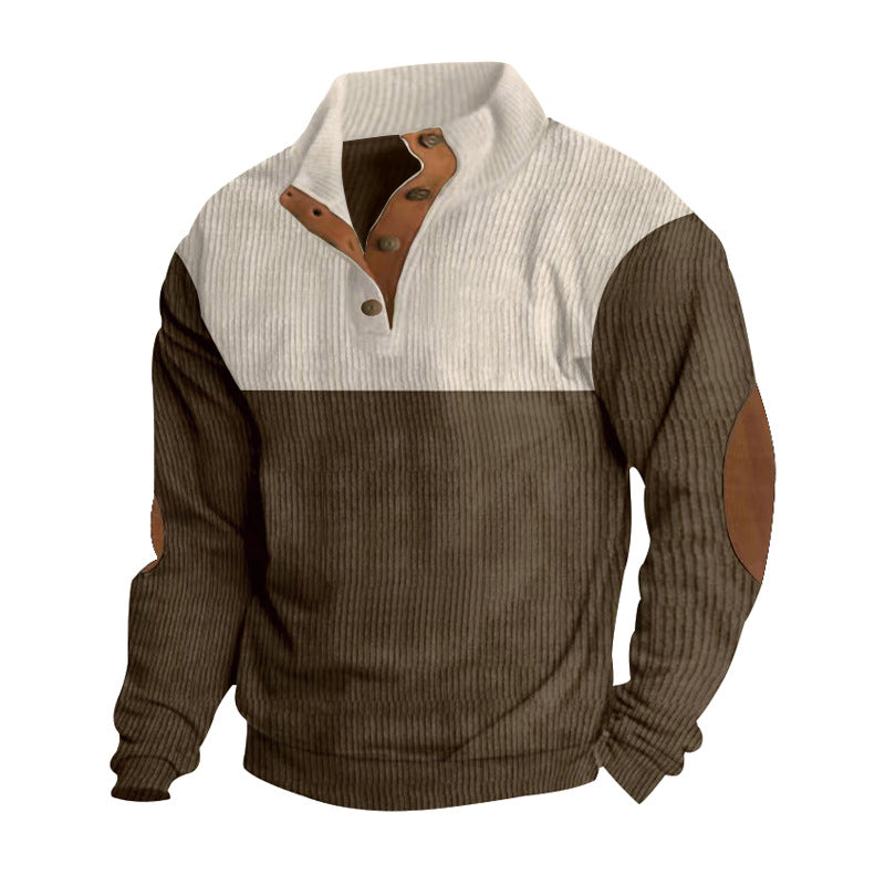 Herren nan lässiger Strickpullover mit Knopfleiste, Stehkragen und Ellenbogenpatches EB