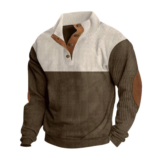 Herren nan lässiger Strickpullover mit Knopfleiste, Stehkragen und Ellenbogenpatches EB