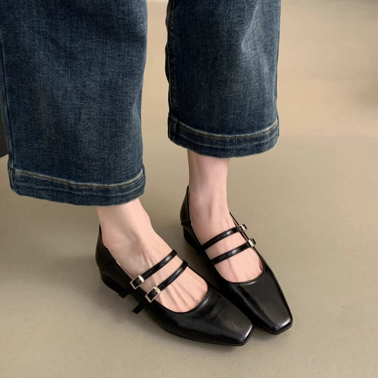 Damen elegante Mary Jane Ballerinas mit modischem Doppelriemen und komfortablem Fußbett EB
