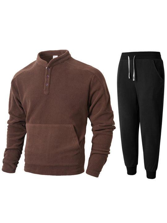Herren kuscheliges Fleece- Trainingsanzug-Set mit Knopfleiste und praktischen Taschen EB