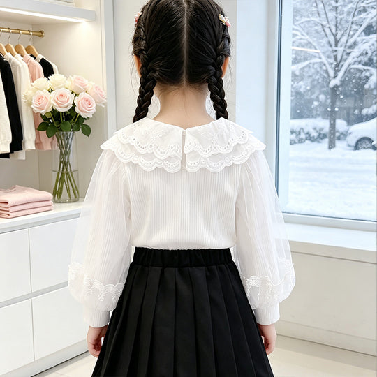 Mädchen Bluse mit Spitzenkragen und transparenten Ärmeln EB