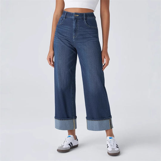 Damen Weit geschnittene Jeans mit hohem Bund und umgeschlagenem Saum EB
