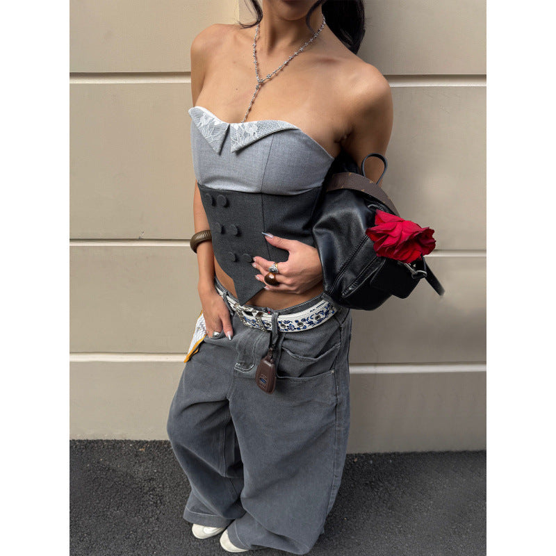 Damen Corsage mit Spitzenkragen und tailliertem Design EB