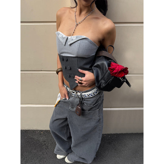 Damen Corsage mit Spitzenkragen und tailliertem Design EB