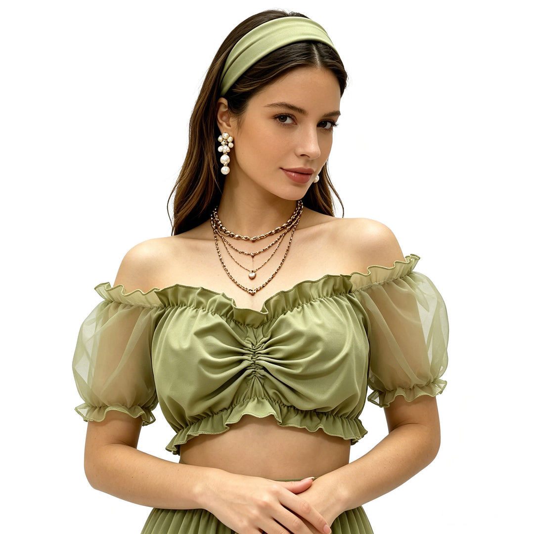 Damen nan gerafftes Crop Top mit Carmenausschnitt und transparenten Organzaärmeln EB