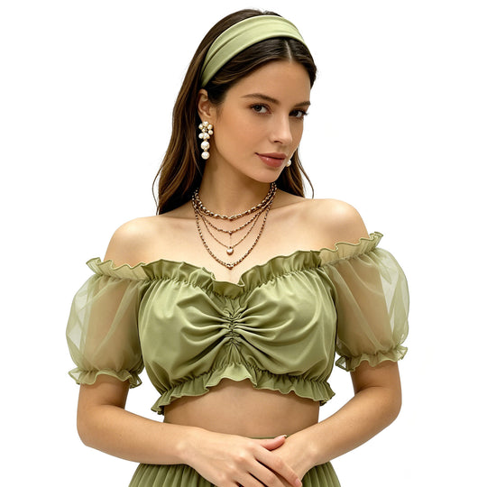 Damen nan gerafftes Crop Top mit Carmenausschnitt und transparenten Organzaärmeln EB