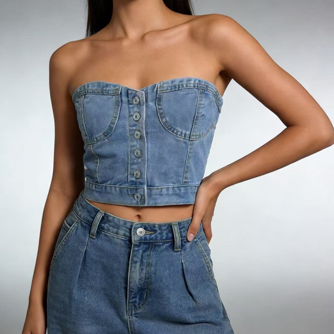 Damen Denim Bustier-Oberteil mit Knopfdetails und tailliertem Schnitt EB