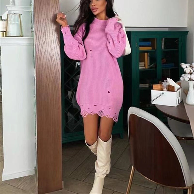 Damen Oversize Grobstrick-Minikleid mit Destroy-Effekt und Rundhalsausschnitt EB