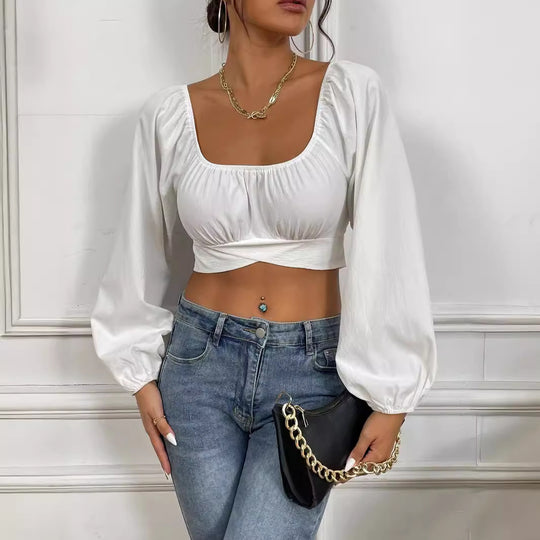 Damen Crop-Top mit Ballettärmeln und gerafftem Design EB