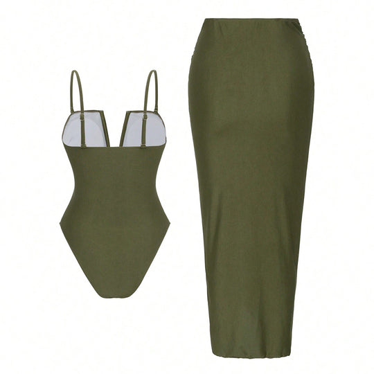 Damen One-Piece Badeanzug mit elegantem Wickelrock EB