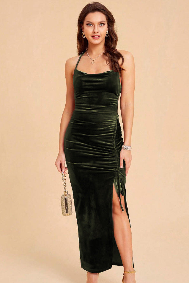 Damen Elegantes Samtmaxikleid mit anpassbarem Schlitz und raffinierter Raffung EB