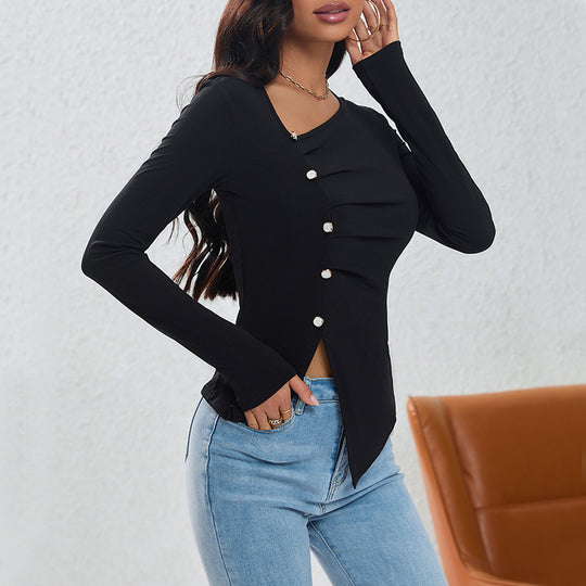Damen asymmetrisches geripptes Longsleeve mit Diagonalknopfleiste und spitzem Saum Eichborn Berlin
