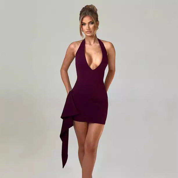 Damen Elegantes Cocktailkleid mit asymmetrischem Saum und tiefem V-Ausschnitt EB