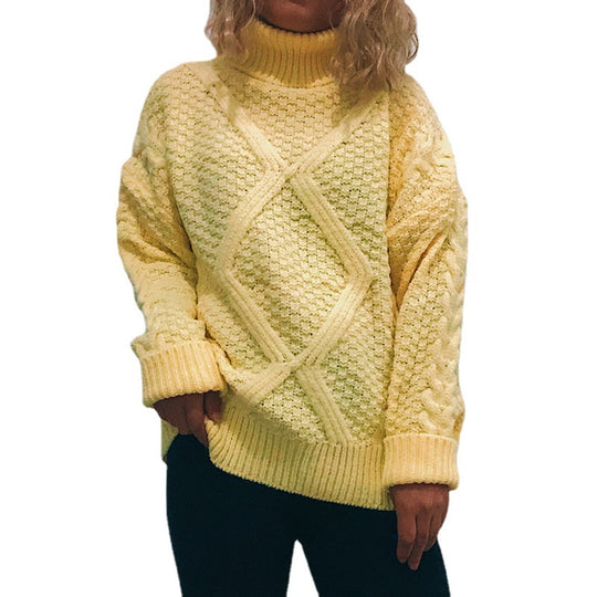 Damen Grobstrickpullover mit modischem Zopfmuster und hohem Kragen EB