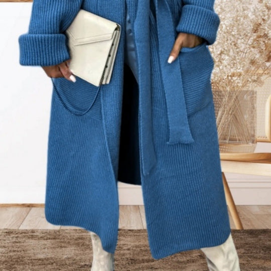 Damen Strickmantel mit Gürtel und breiten Revers EB