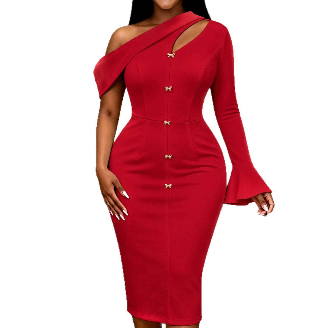 Damen elegantes One-Shoulder Kleid mit dekorativen Knopfdetails EB