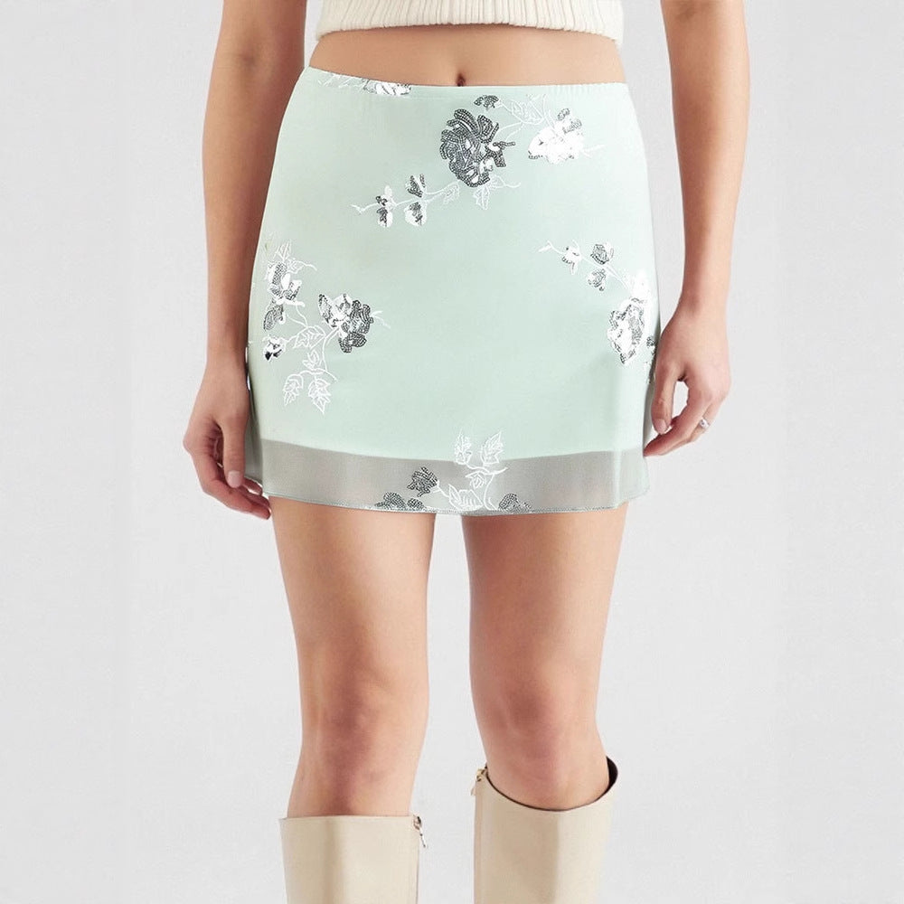 Damen transparenter Rock mit floralem Design und glitzernden Akzenten EB