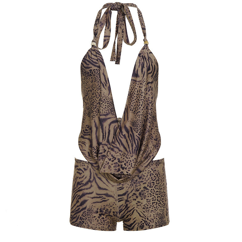Damen eleganter Einteiler mit tiefem V-Ausschnitt und verspieltem Animal-Print EB