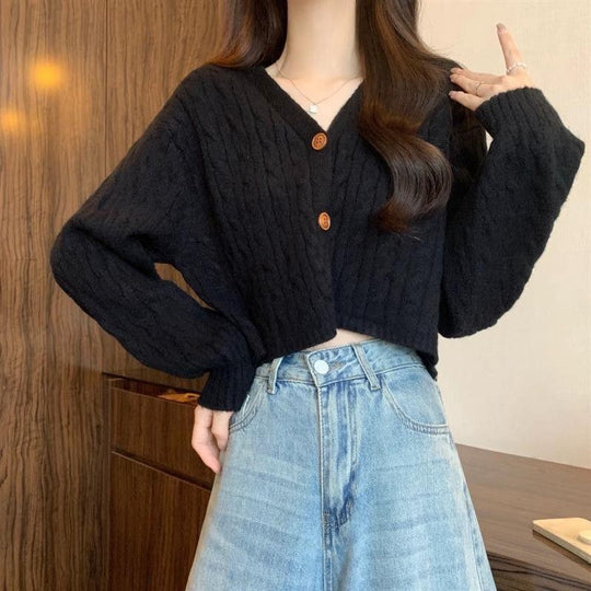 Damen kuscheliger Strickcardigan mit V-Ausschnitt und großen Knöpfen EB