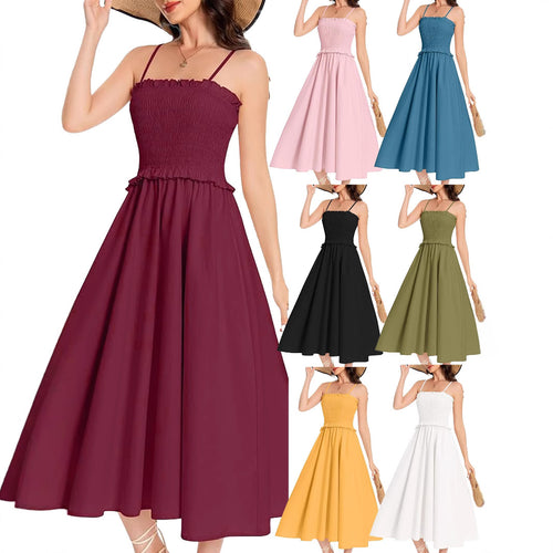 Damen Maxikleid mit elastischem Oberteil und fließendem Rock EB