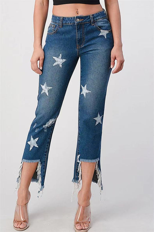 Damen modische Jeans mit Sternen-Design und fransigem Saum EB