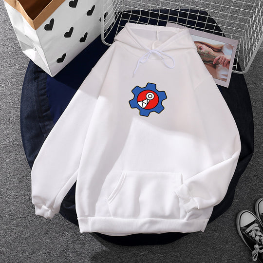 Damen nan oversized Fleece-Kapuzenpullover mit weicher Innenseite, Kängurutasche und appliziertem Zahnrad-Comic-Motiv EB