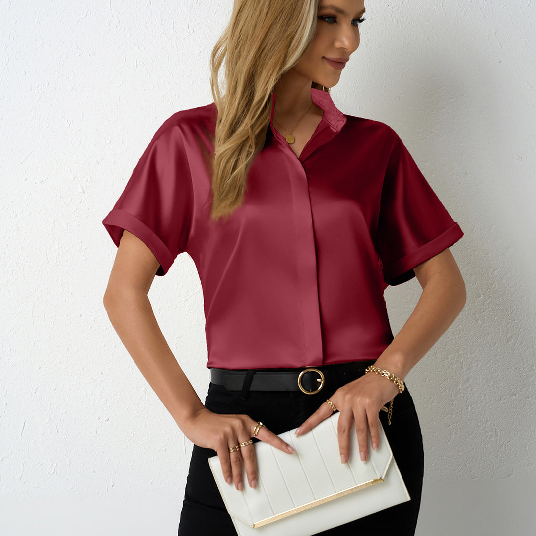 Damen elegante Satinbluse mit klassischem Kragen und umgeschlagenen Ärmeln EB