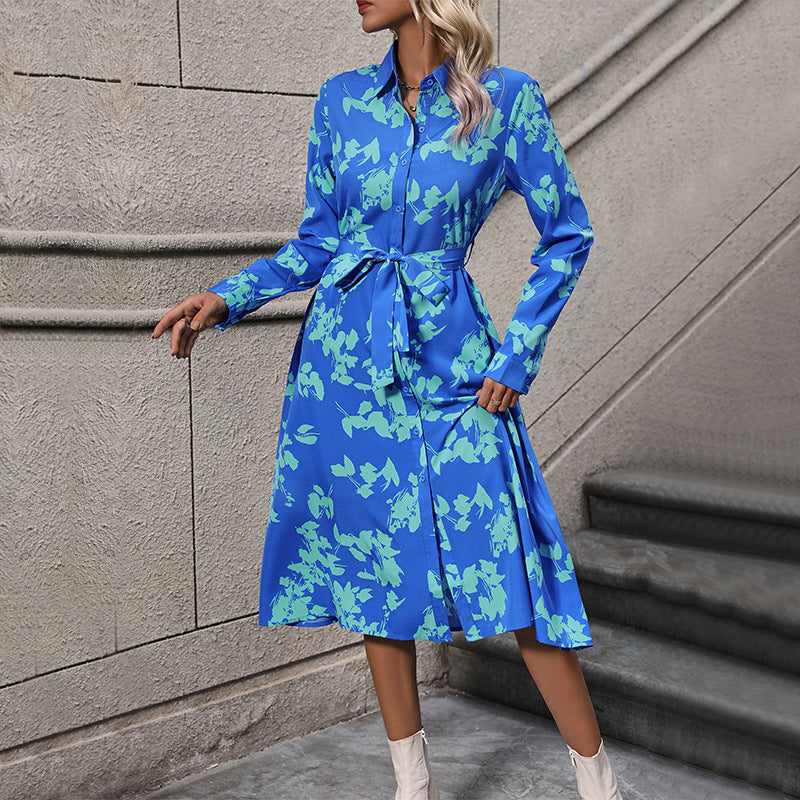 Damen langärmliges Maxikleid mit floralen Mustern und elegantem Gürtel EB
