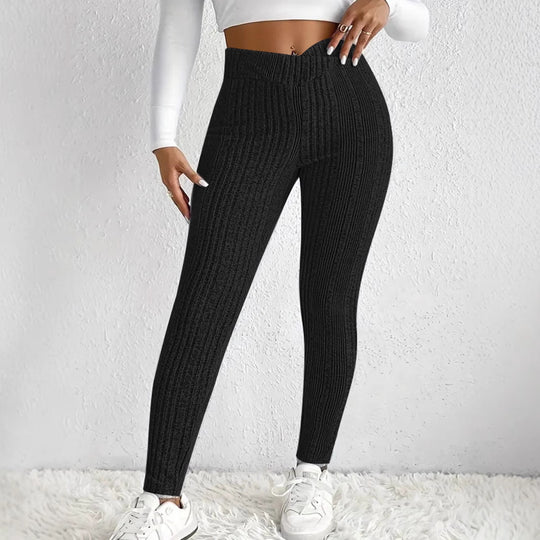 Damen Strickleggings mit hohem Bund und feinen Längsrippen EB