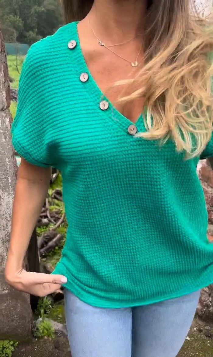 Damen lässiger V-Ausschnitt Pullover mit Knöpfen EB