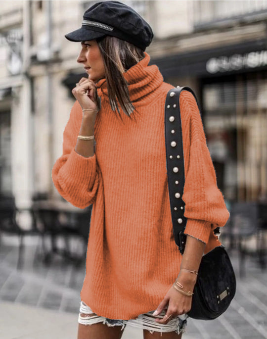 Damen oversized Strickpullover mit hohem Kragen und modischen Details EB
