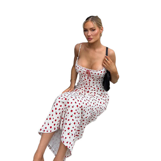 Damen Blumen-Midikleid mit verstellbaren Spaghettiträgern und eleganter Raffung EB