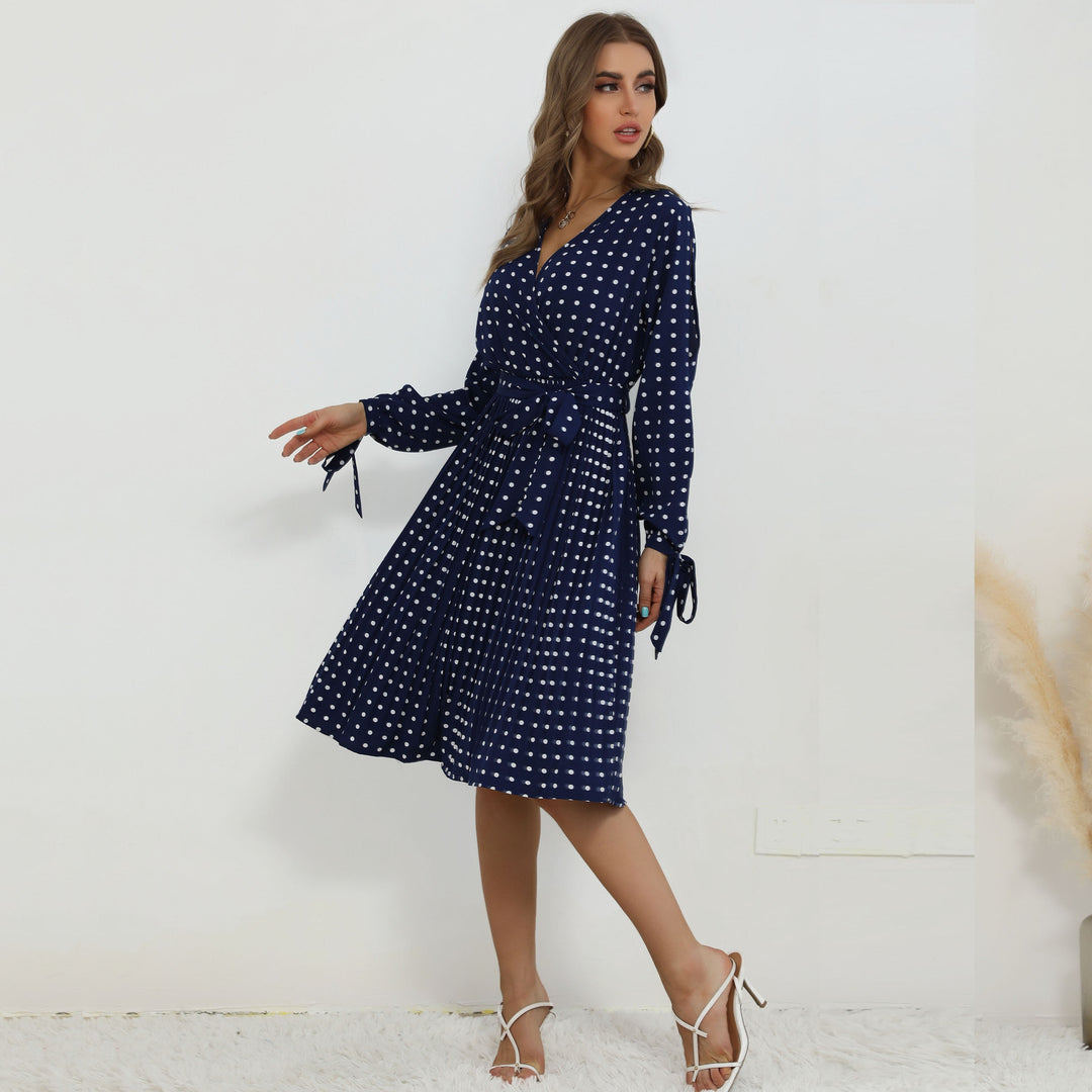 Damen Wickelkleid mit Punktmuster und langem Ärmel EB