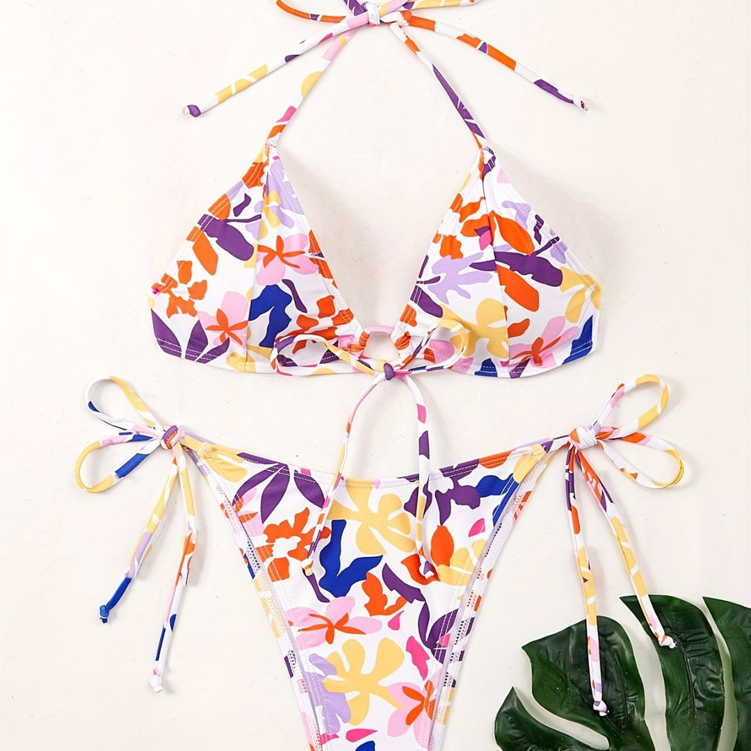 Damen Triangel-Bikini mit verstellbaren Schnüren und fröhlichem Blumenmuster EB