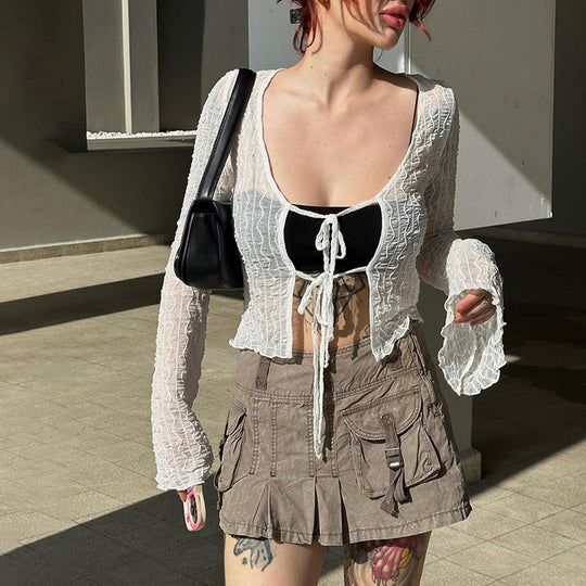 Damen trendige Crop-Bluse mit Schnüroption und transparentem Design EB