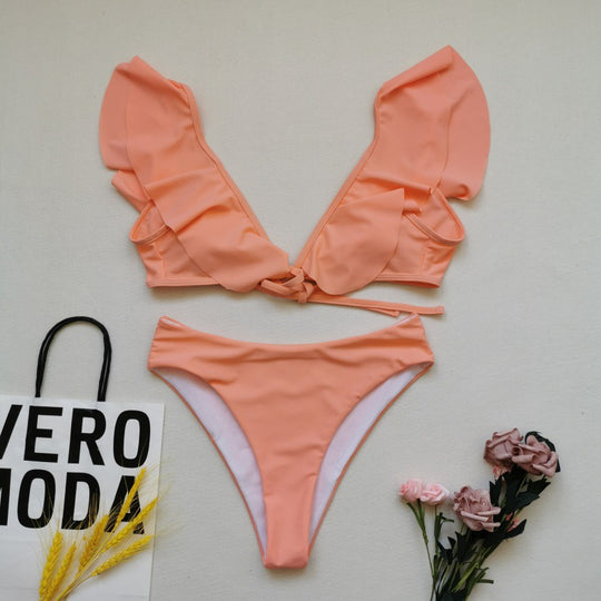 Damen Bikiniset mit Rüschen und Pflanzenmuster EB