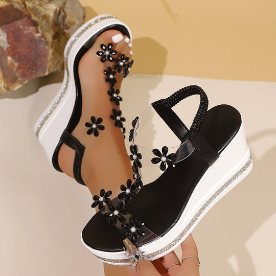 Damen Plateau-Sandalen mit transparentem PVC-Riemen und Blumenapplikation EB