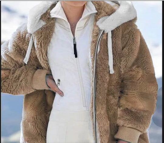 Damen Kuschelige Kunstpelzjacke mit Kapuze EB