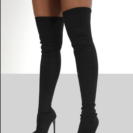 Damen Overknee Stiefel mit elegantem spitzem Absatz und modischem Strickdesign EB