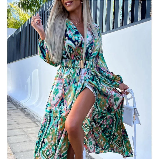 Damen Maxi-Kleid mit tiefem Schlitz und floralem Muster EB