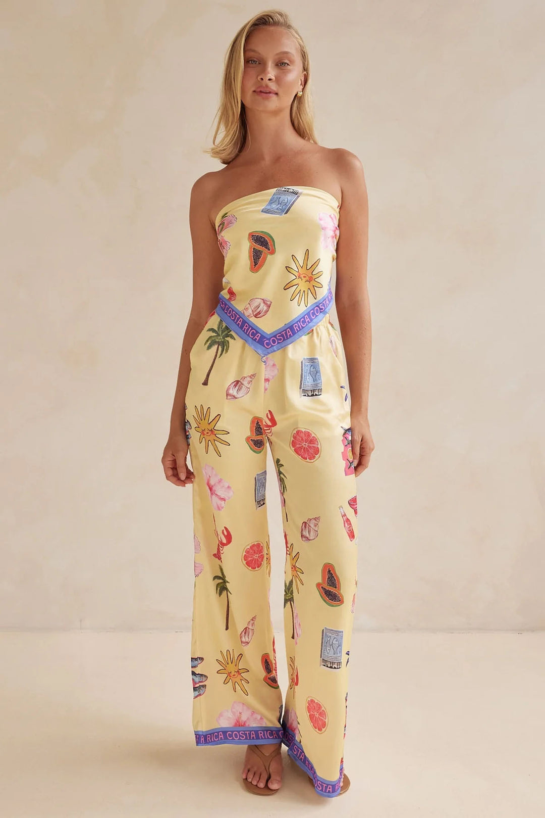 Damen Jumpsuit mit verspielten tropischen Mustern und elastischem Oberteil EB